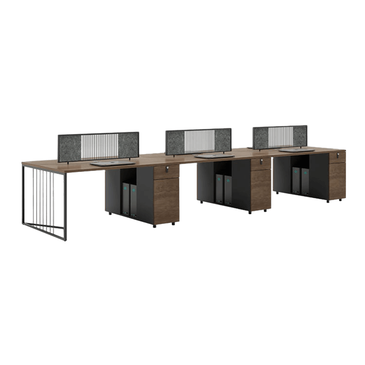 Simplified employee desk, freely configurable office desk and chair with low cabinet