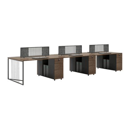 Simplified employee desk, freely configurable office desk and chair with low cabinet