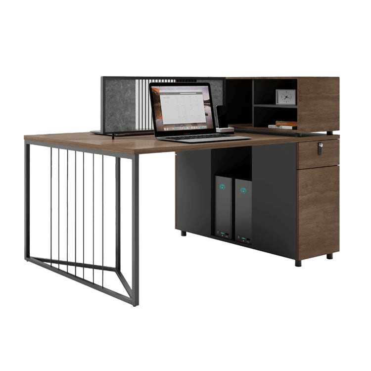 Simplified employee desk, freely configurable office desk and chair with low cabinet