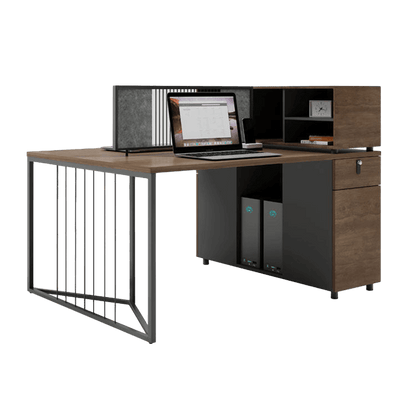 Simplified employee desk, freely configurable office desk and chair with low cabinet