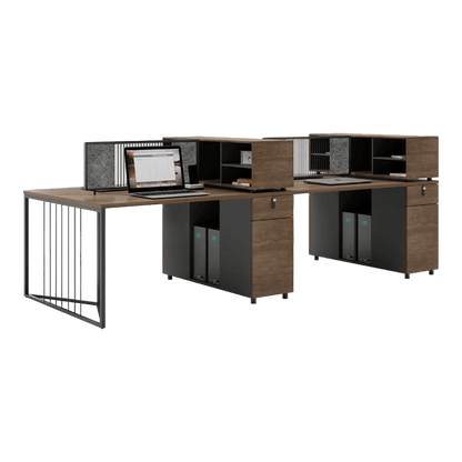 Simplified employee desk, freely configurable office desk and chair with low cabinet