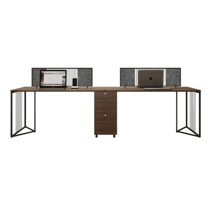 Simplified employee desk, freely configurable office desk and chair with low cabinet