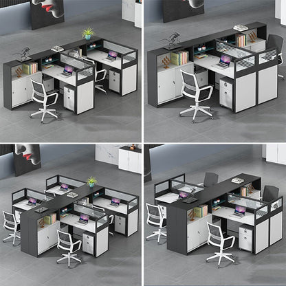 L shaped multiperson staff office with card slots, office desk and chair set