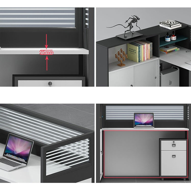 L shaped multiperson staff office with card slots, office desk and chair set