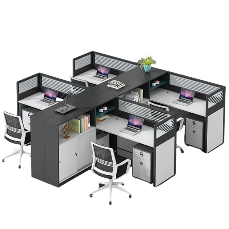 L shaped multiperson staff office with card slots, office desk and chair set