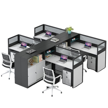 L shaped multiperson staff office with card slots, office desk and chair set