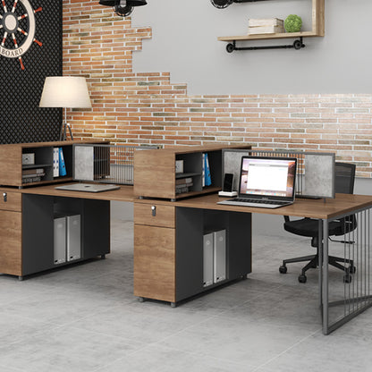 Simplified employee desk, freely configurable office desk and chair with low cabinet