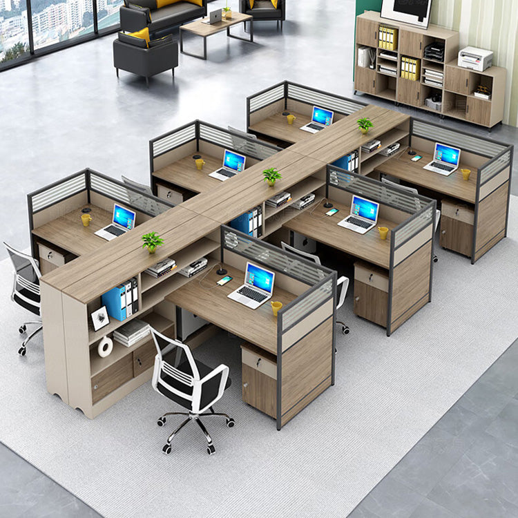 L shaped staff desk with tall cabinet and screen, office desk and chair combination