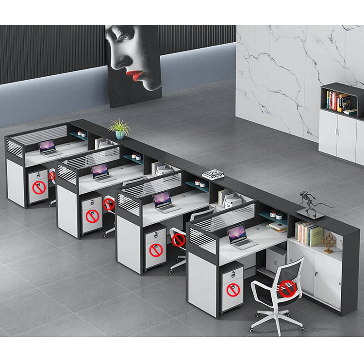 L shaped multiperson staff office with card slots, office desk and chair set