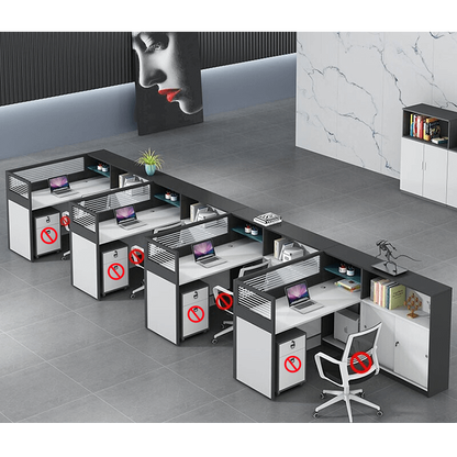 L shaped multiperson staff office with card slots, office desk and chair set