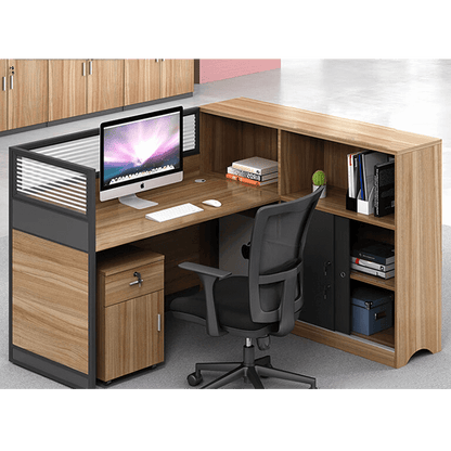 L shaped office desk, employee computer desk with cabinet