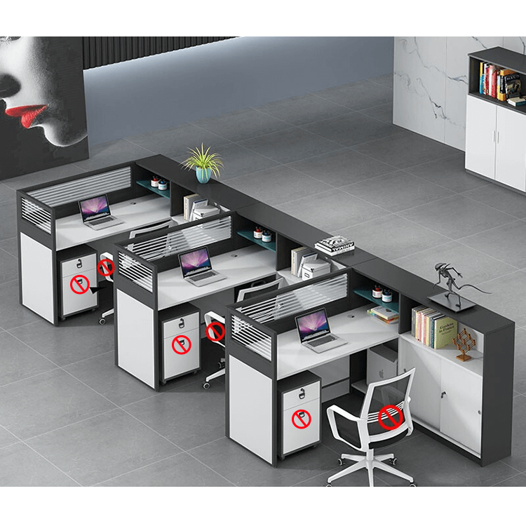 L shaped multiperson staff office with card slots, office desk and chair set