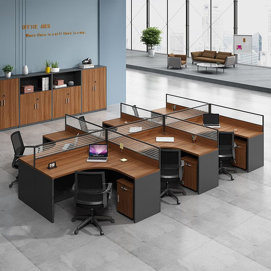 Office furniture staff desk and chair combination with screen workstation including cabinet