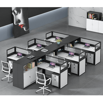 L shaped multiperson staff office with card slots, office desk and chair set