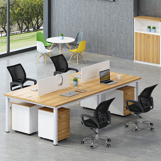 Multiple person office desk and chair set, modern employee workstation with screen partition