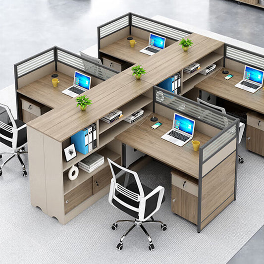 L shaped staff desk with tall cabinet and screen, office desk and chair combination