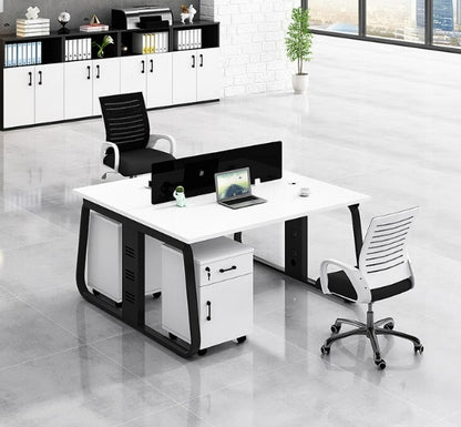 Office desk and chair combination, workstation computer desk in black and white