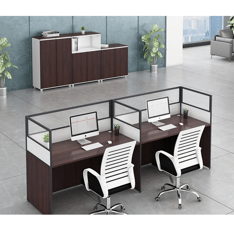 Office desk with card slot partition, employee computer desk with cabinet and chair