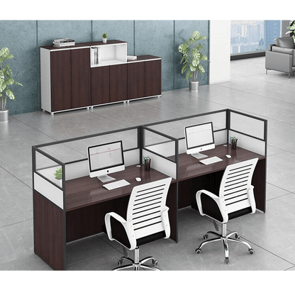 Office desk with card slot partition, employee computer desk with cabinet and chair