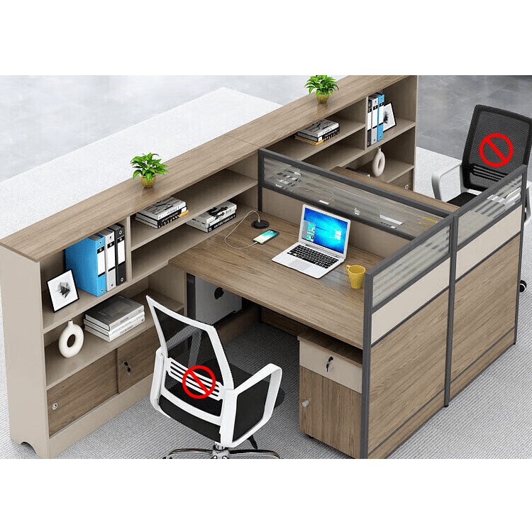 L shaped staff desk with tall cabinet and screen, office desk and chair combination