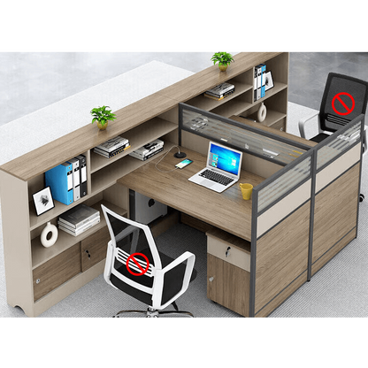 L shaped staff desk with tall cabinet and screen, office desk and chair combination