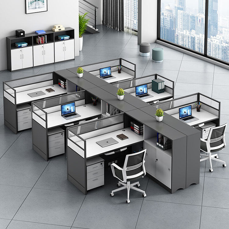 L shaped office desk computer desk, simple office card slot in gray white color