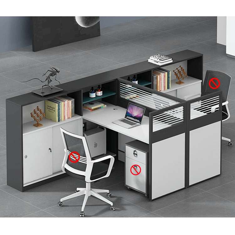 L shaped multiperson staff office with card slots, office desk and chair set