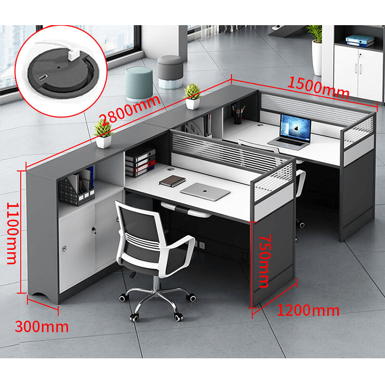 L shaped office desk computer desk, simple office card slot in gray white color