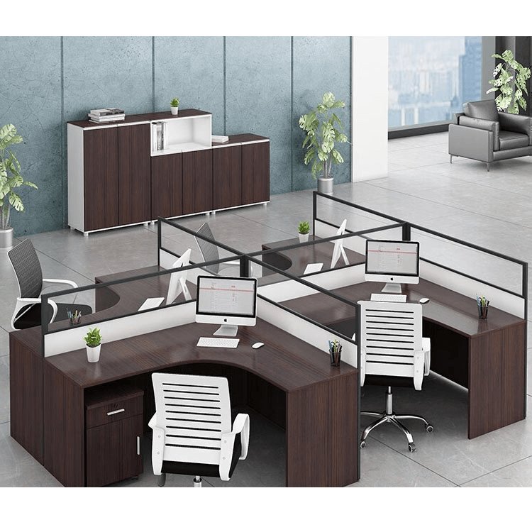 Office desk with card slot partition, employee computer desk with cabinet and chair