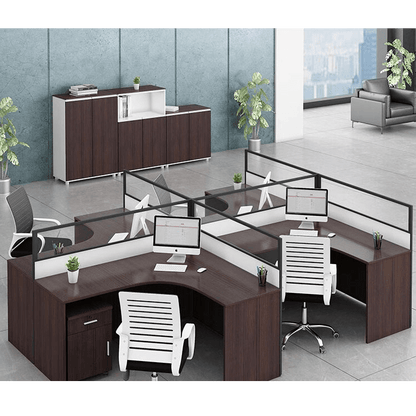 Office desk with card slot partition, employee computer desk with cabinet and chair