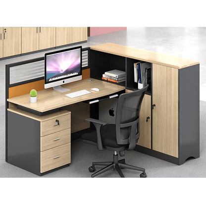 L shaped office desk, employee computer desk with cabinet