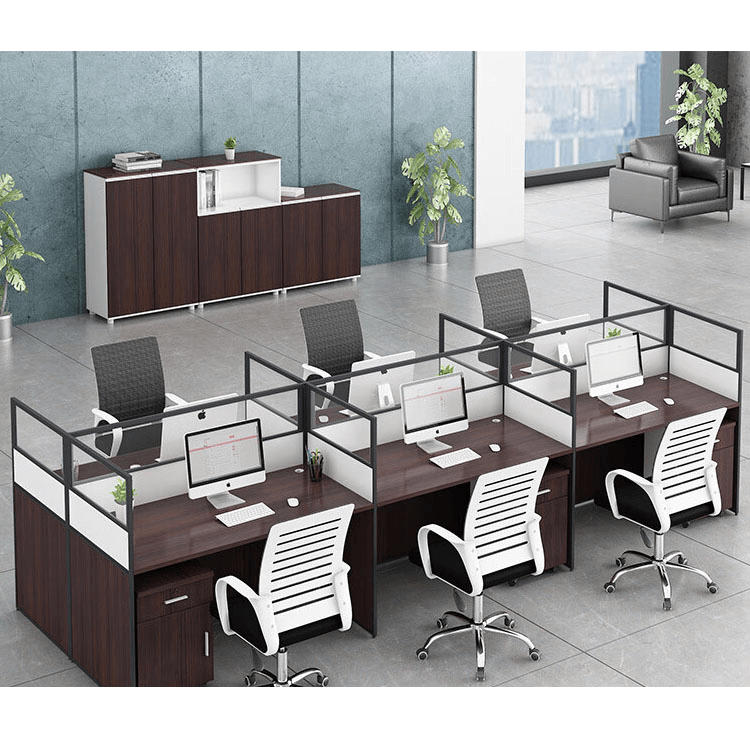 Office desk with card slot partition, employee computer desk with cabinet and chair