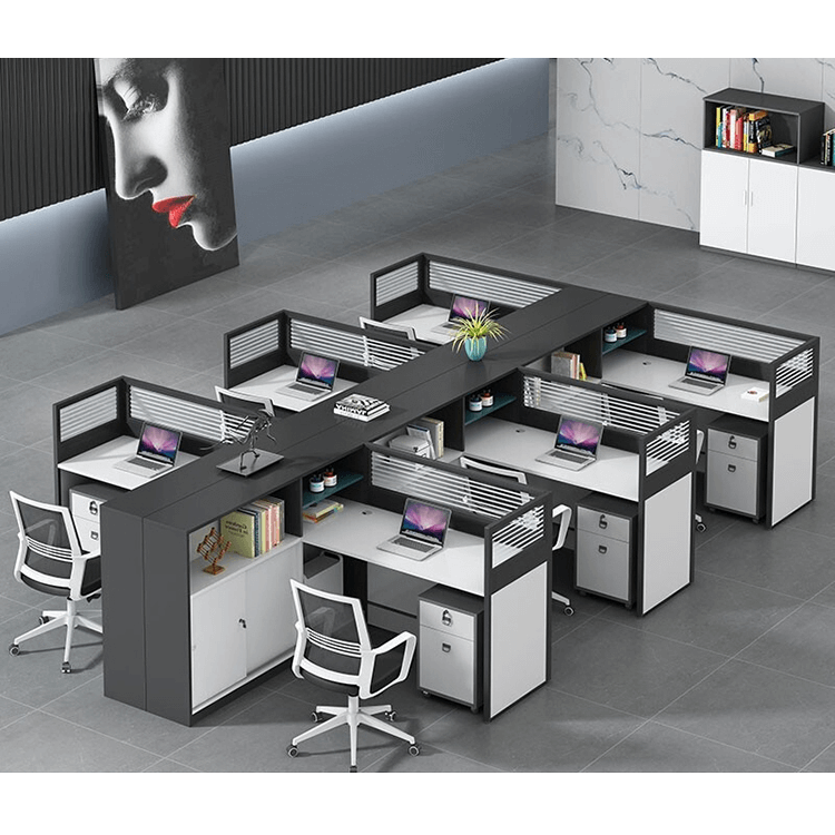 L shaped multiperson staff office with card slots, office desk and chair set