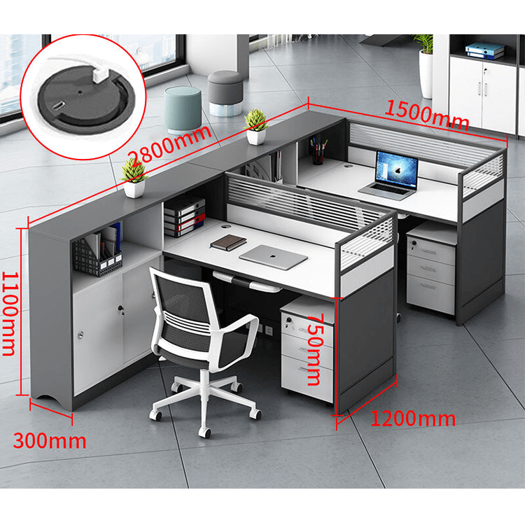 L shaped office desk computer desk, simple office card slot in gray white color