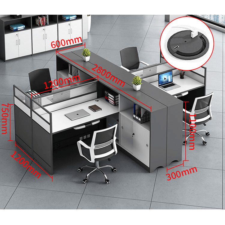 L shaped office desk computer desk, simple office card slot in gray white color