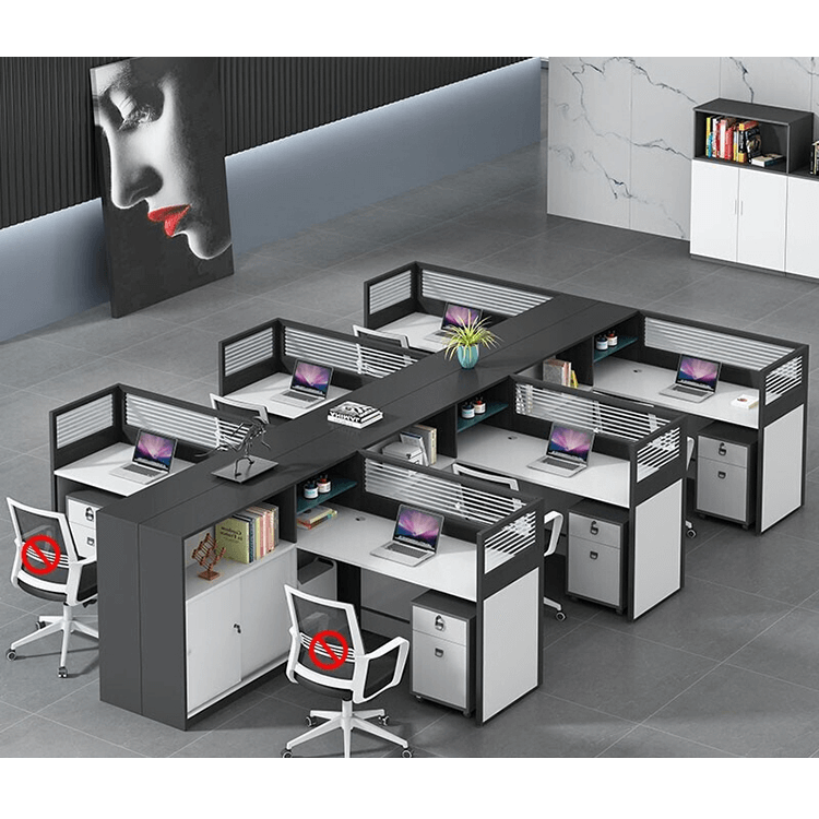 L shaped multiperson staff office with card slots, office desk and chair set