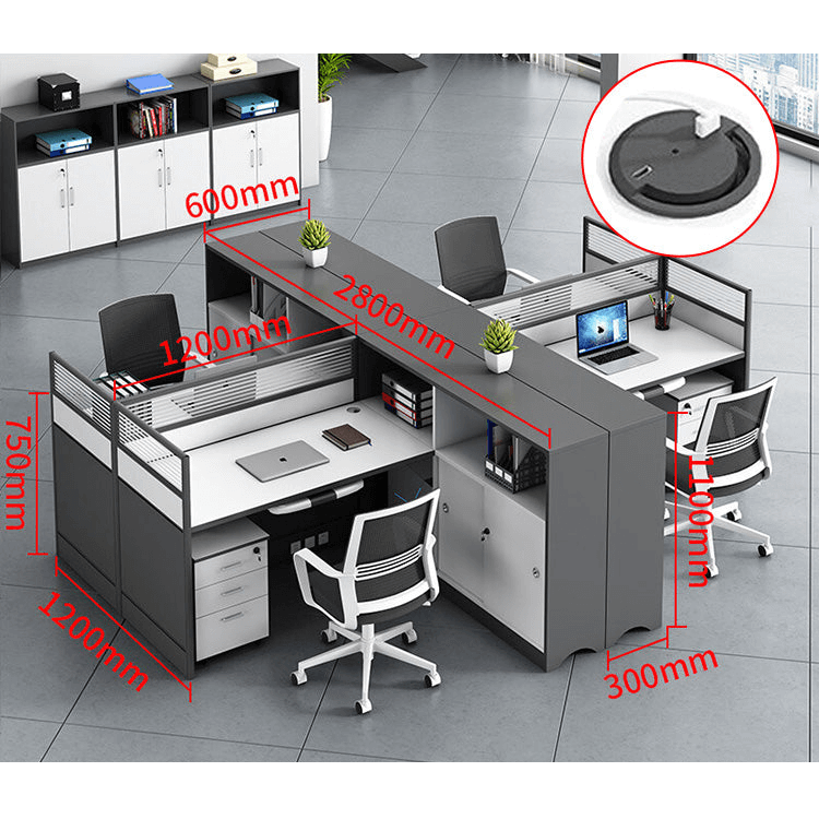 L shaped office desk computer desk, simple office card slot in gray white color