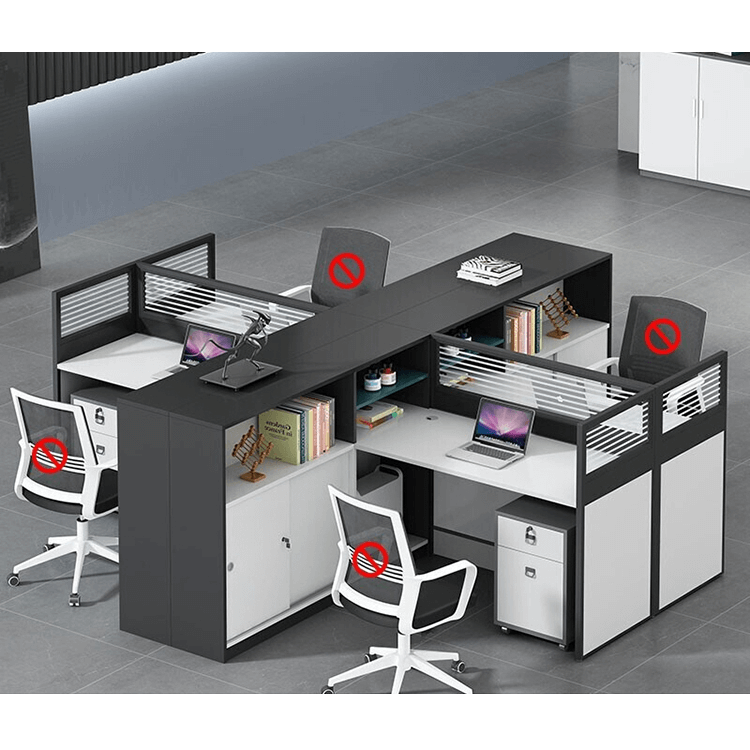 L shaped multiperson staff office with card slots, office desk and chair set