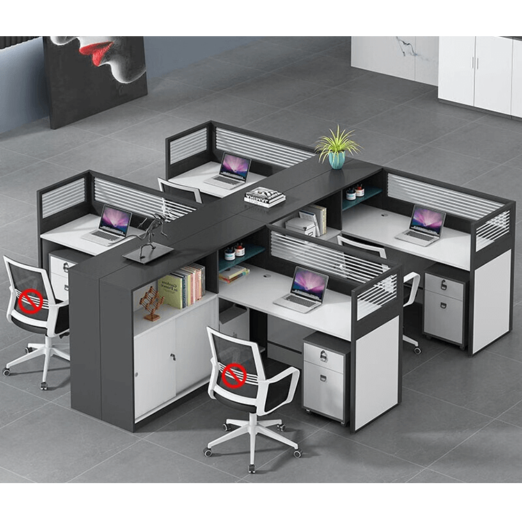 L shaped multiperson staff office with card slots, office desk and chair set