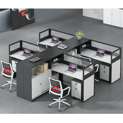 L shaped multiperson staff office with card slots, office desk and chair set