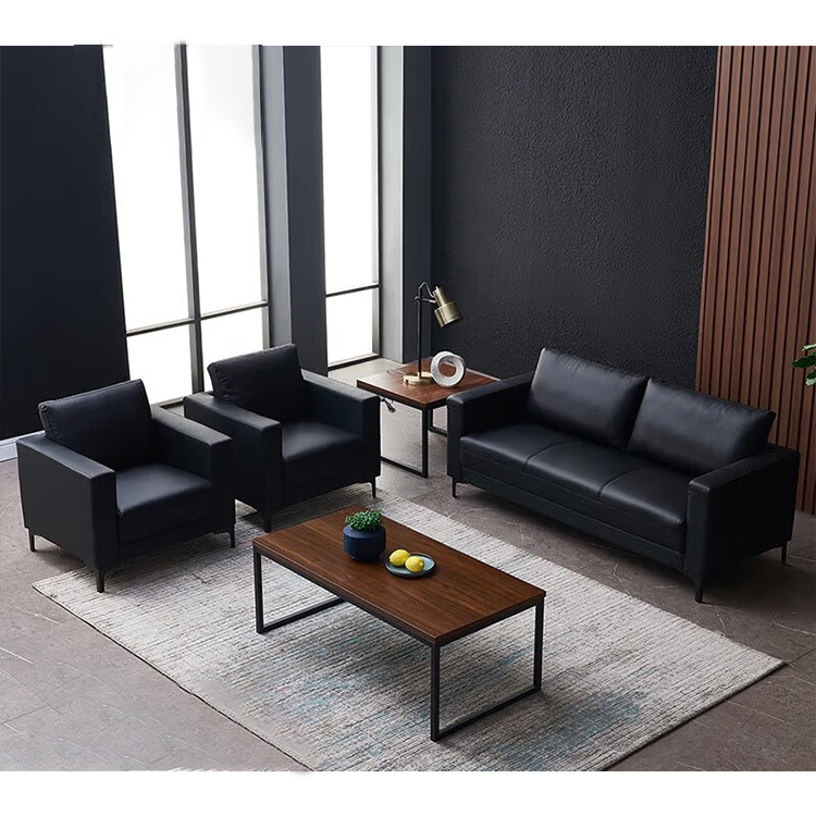 Simplified modern sofa, business office sofa, casual sofa with deep seating, black, leather