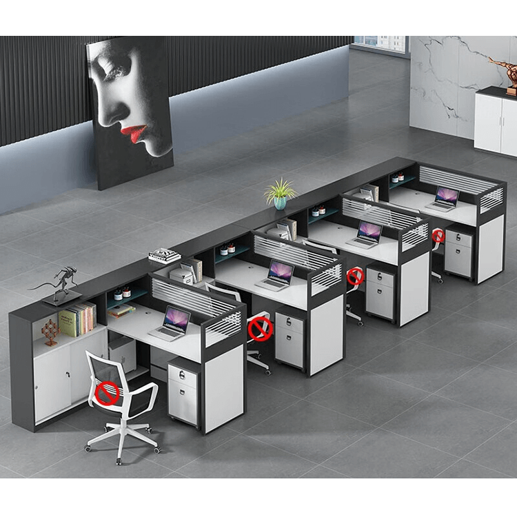 L shaped multiperson staff office with card slots, office desk and chair set