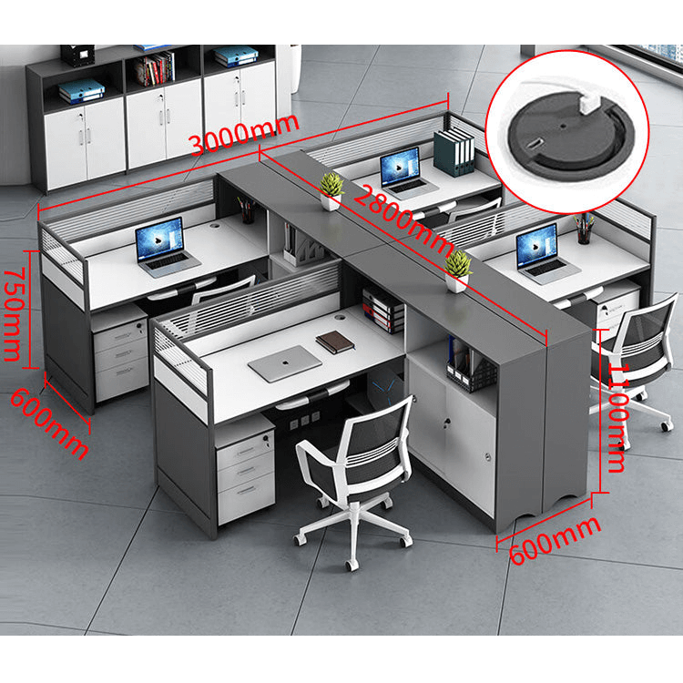 L shaped office desk computer desk, simple office card slot in gray white color