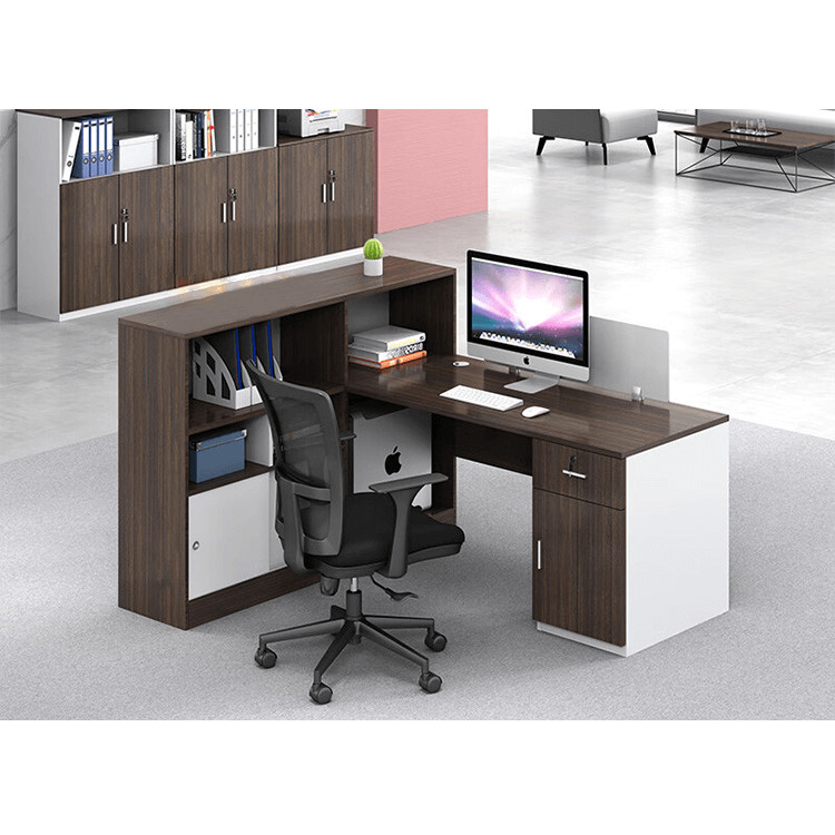 L shaped office desk, employee computer desk with cabinet