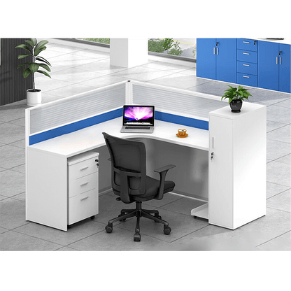 L shaped office desk, employee computer desk with cabinet