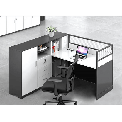 L shaped office desk, employee computer desk with cabinet