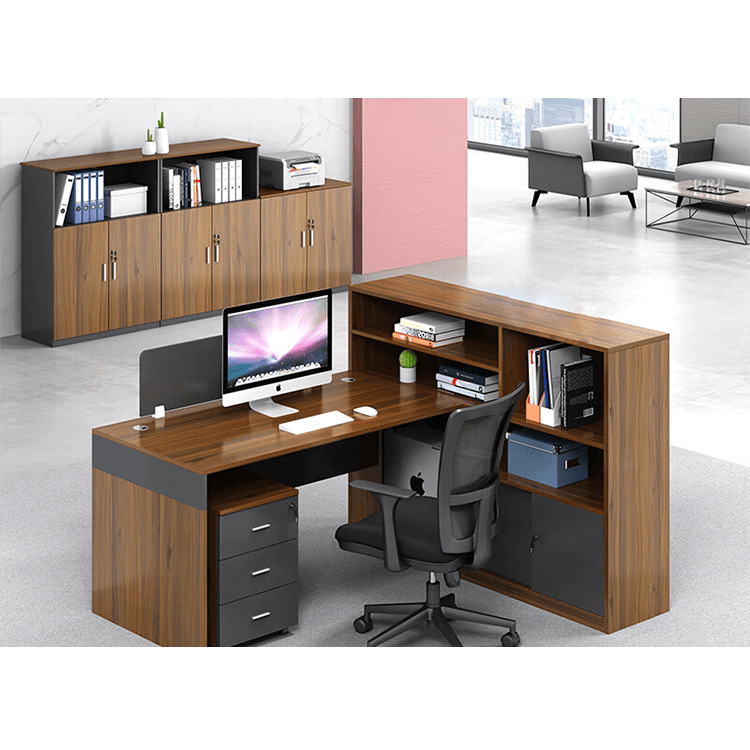 L shaped office desk, employee computer desk with cabinet