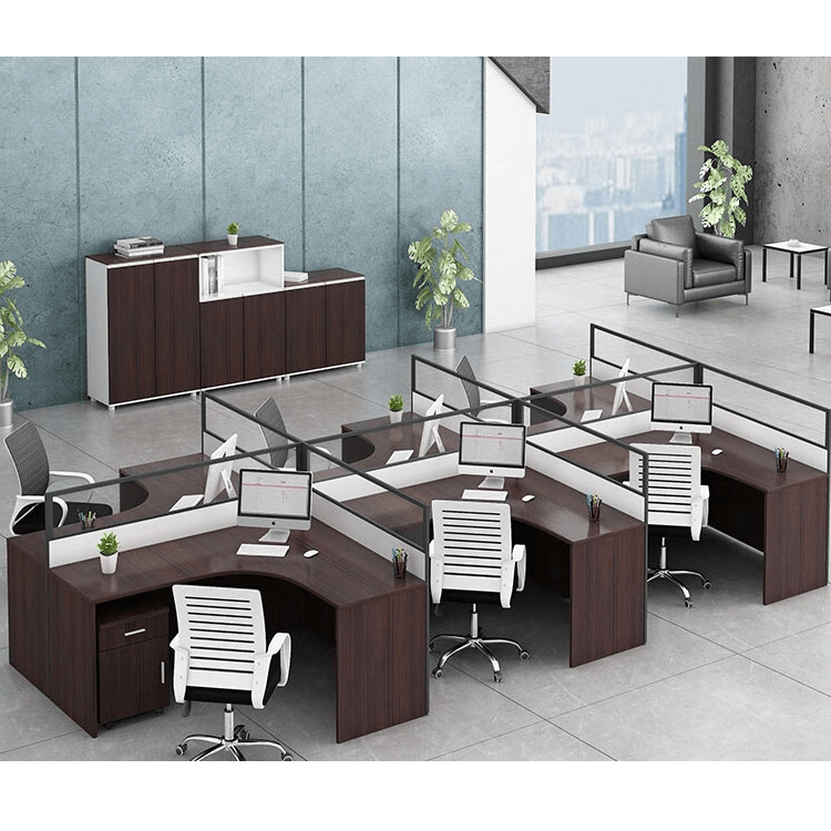 Office desk with card slot partition, employee computer desk with cabinet and chair