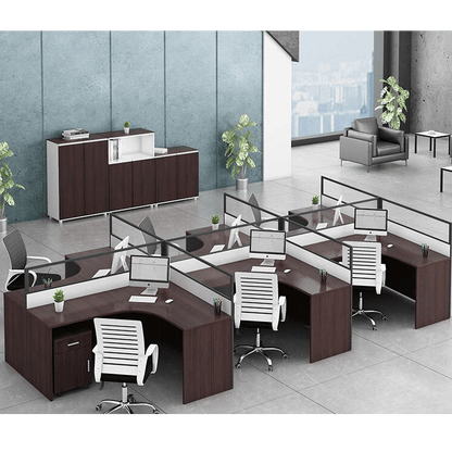 Office desk with card slot partition, employee computer desk with cabinet and chair