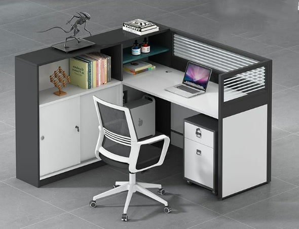 L shaped multiperson staff office with card slots, office desk and chair set